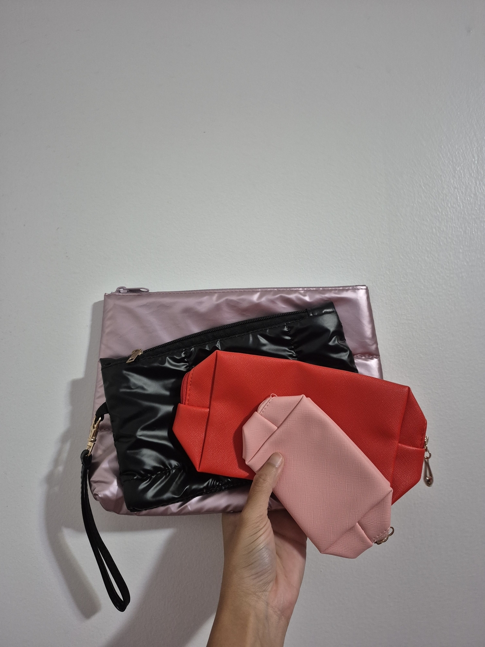 Set of 4 Light Purple Black Red Light Baby Pink Clutch Pouch Makeup Bag Purse
